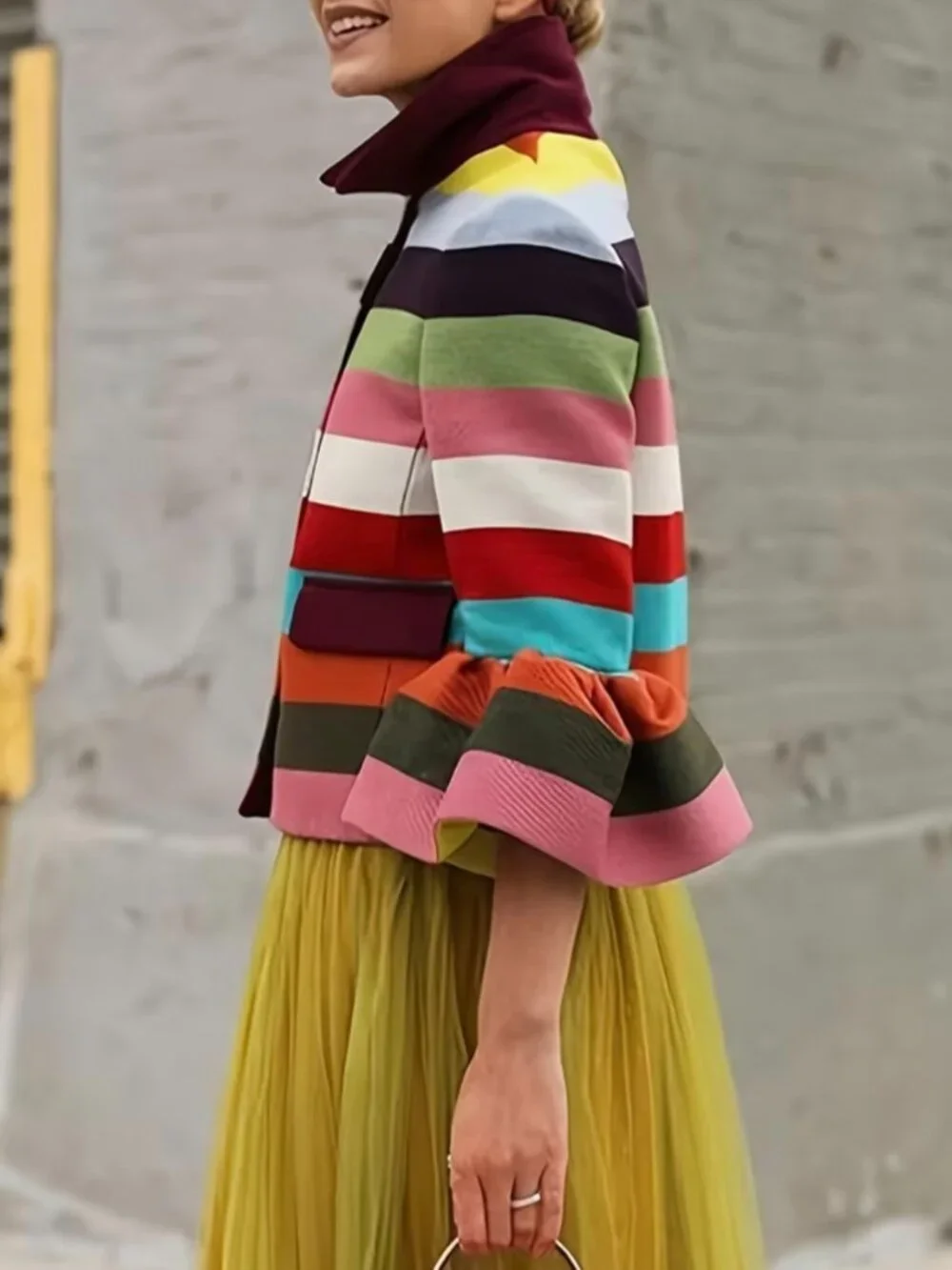 Female Vintage Multi-Colored Striped Lapel Elegant Jackets New Flared Sleeves